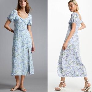 & Other Stories Linen Floral Blue Midi Dress Puff Sleeve 10